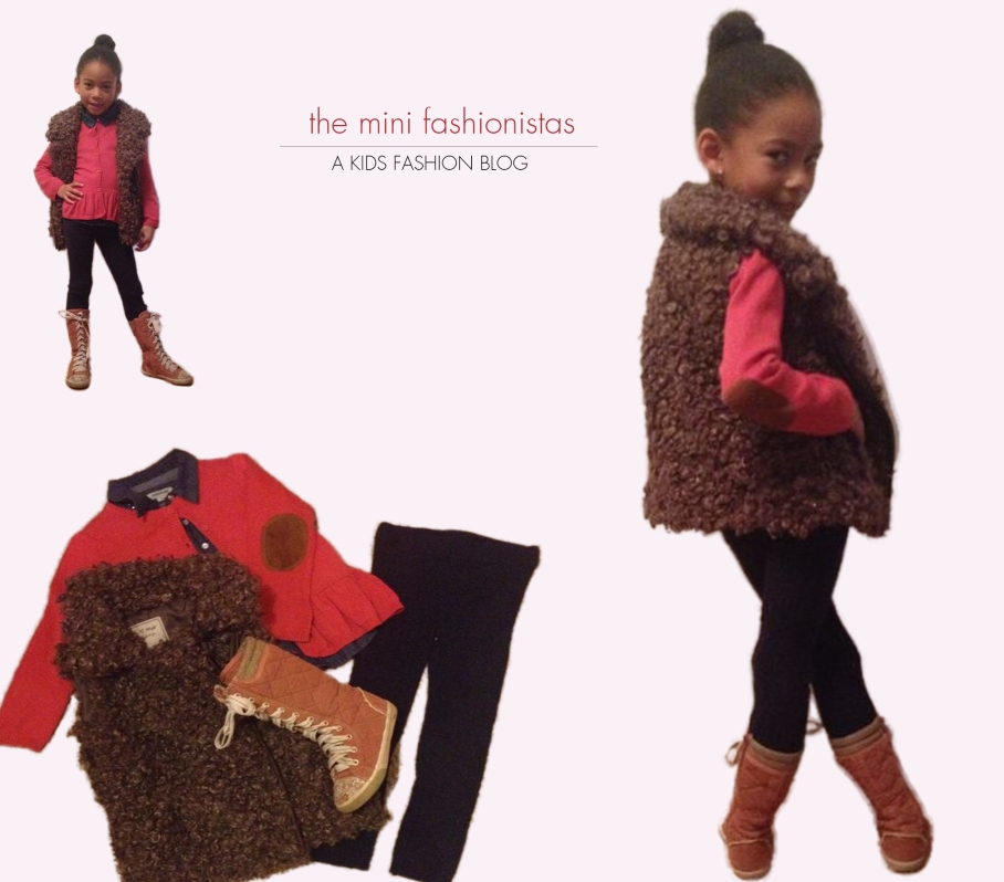 kids clothing layering girl's pieces pink jumper with fashionable patch with brown gillet, black tights and brown high boots. kids clothing, kids fashion, fashion blog mini fashionista blog